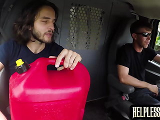 Bound dude roughly fucked in the the van by a stranger